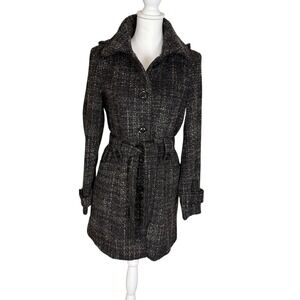 Gallery‎ New York Tweed Trench Coat Hooded Belted Wool Blend Women's Size S